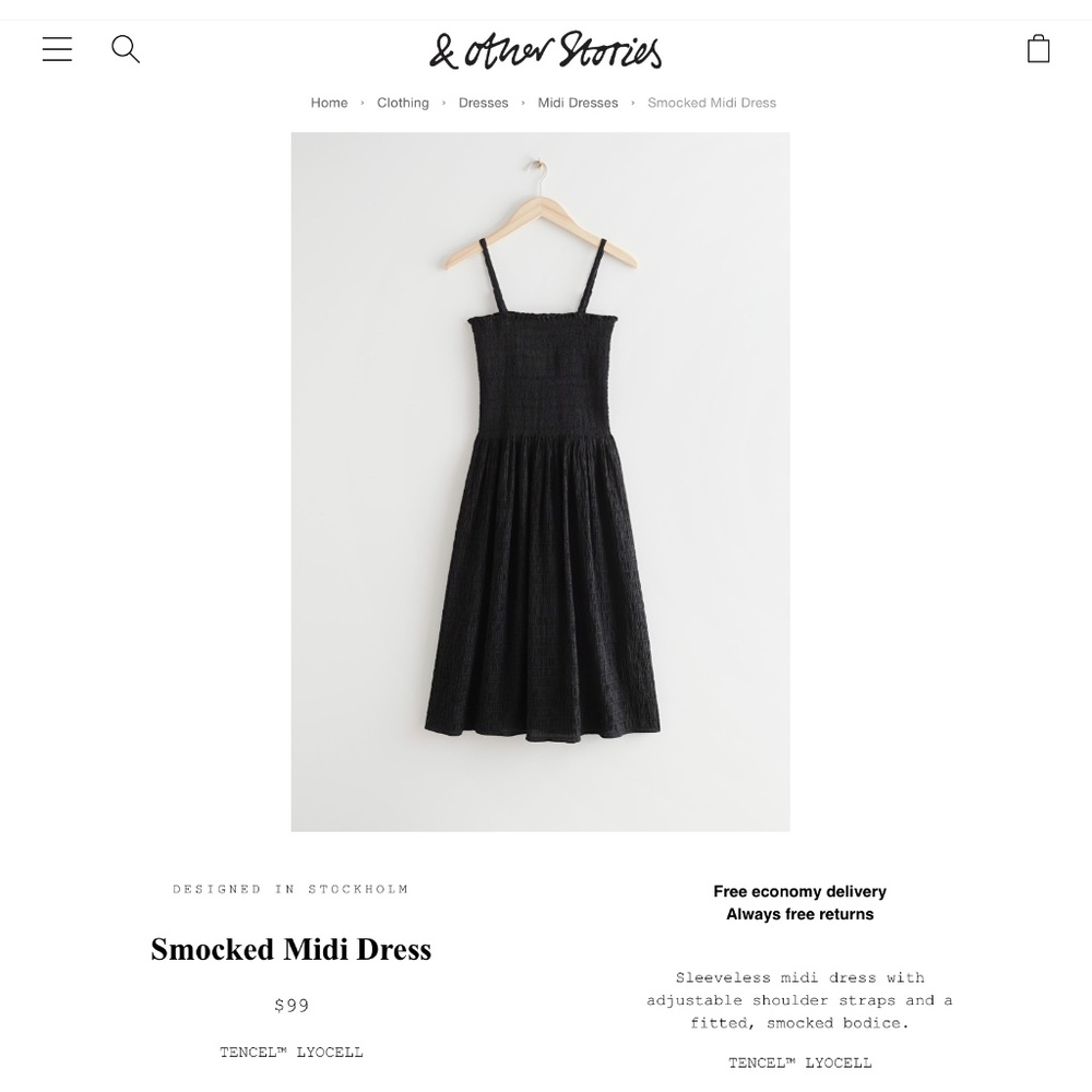 &Other Stories Black Shirred Midi Dress